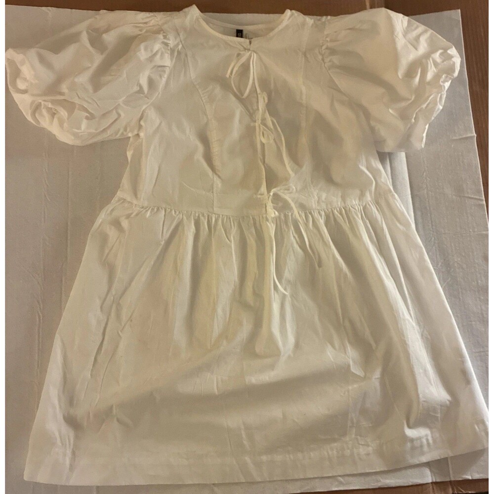 H&M Divided Women’s White Cotton Tie Front Midi Dress Short Puff Sleeve Large
